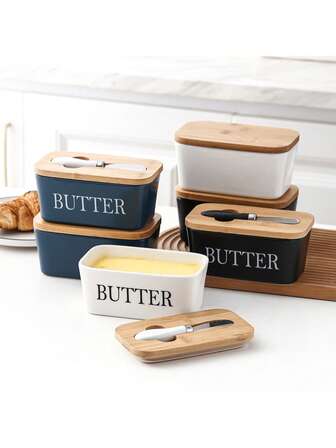 1 件带盖陶瓷黄油盒 - 欧式奶酪储存容器，厨房台面密封食品保鲜盒，优雅的冰箱收纳盒