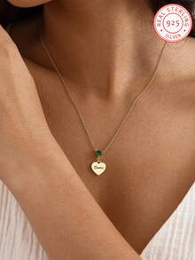 1pc 925 Personalised Heart-Shaped Name Necklace In Sterling Silver With Birthstone, Laser-Engraved With Your Name. Family Birthstone Necklace, Letter Pendant Necklace, Engraved Jewellery, Christmas Gift For Her. - Yellow Gold - View 5