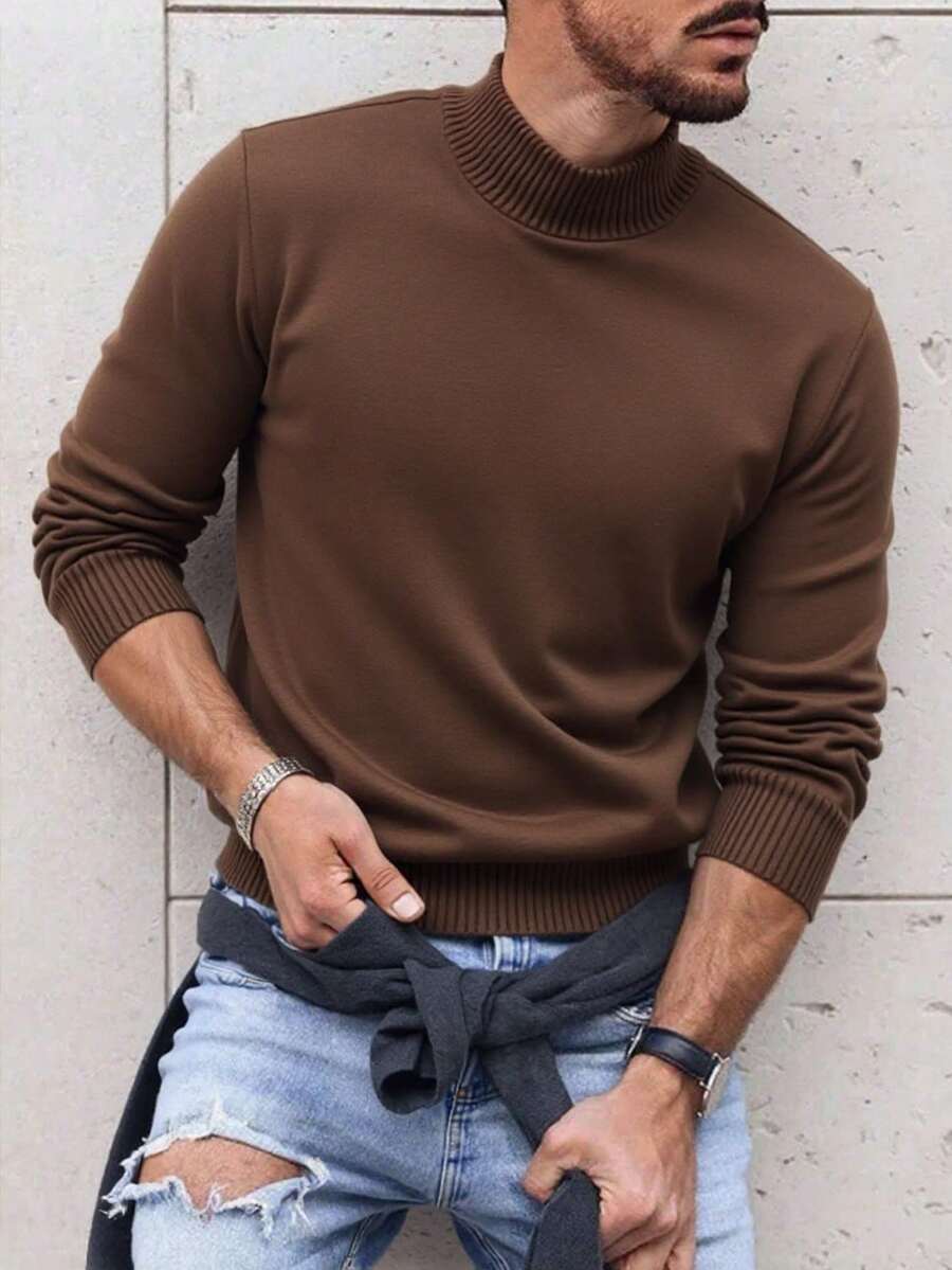 男士长袖高领套头针织毛衣,1件装,日常百搭。 - 棕色 - 查看 1