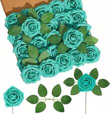 50Pcs Artificial Roses With Stems Real Touch Foam Flowers For DIY Wedding Bouquet, Baby Shower Centerpiece, Floral Arrangement, Party & Home Decor (Mint Green) - 水鴨藍 - 查看 8