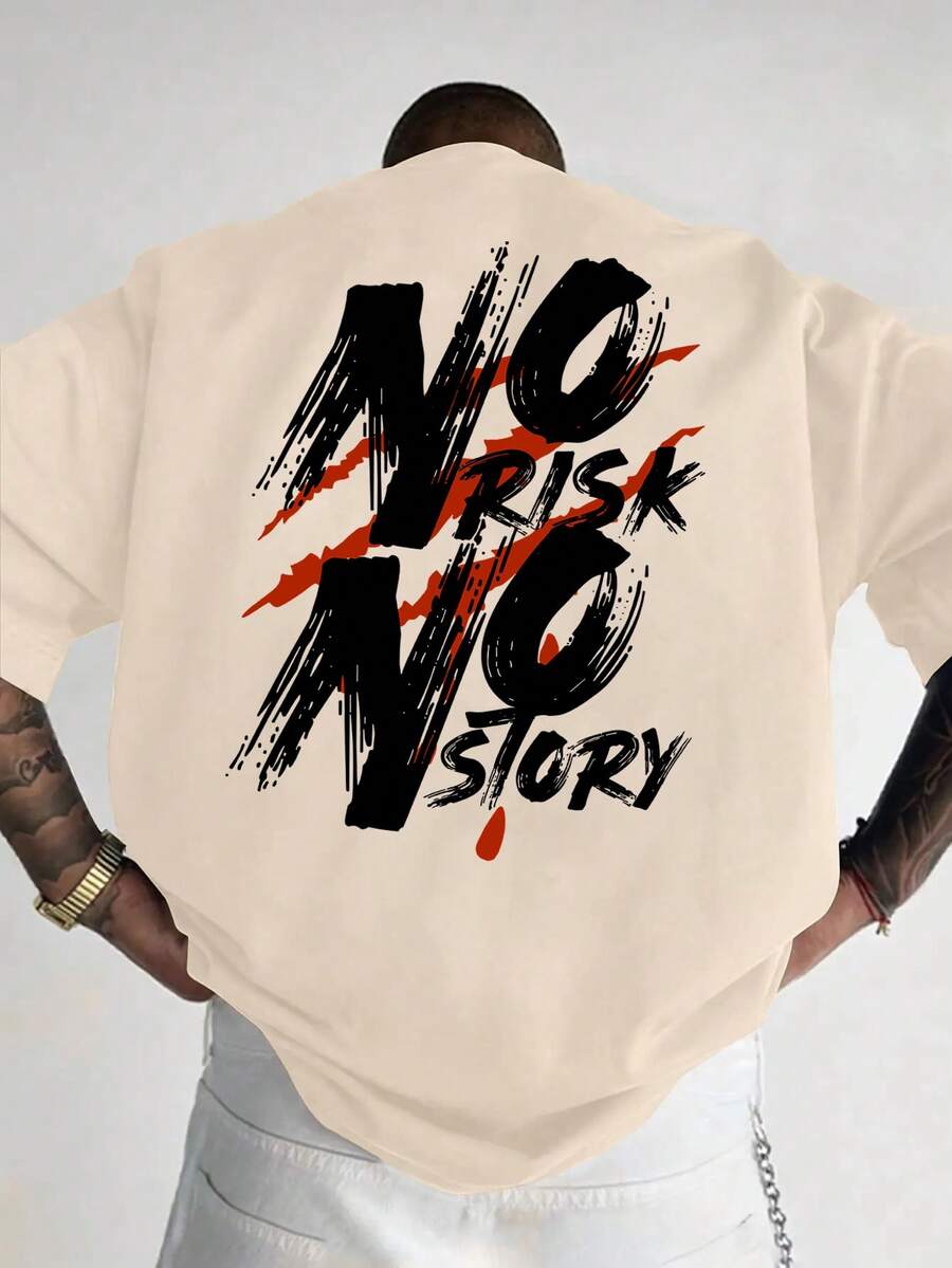 男士休闲时尚街头标语印花落肩宽松透气短袖T恤，夏季 - 杏色 - 查看 1