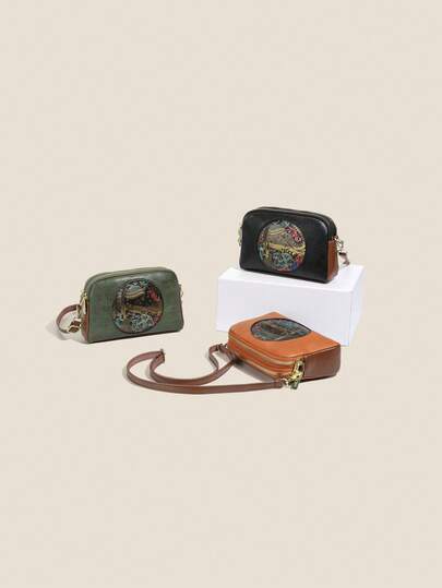 女士复古大象图案单肩包，双拉链设计，可单独存放手机、钥匙、口红、纸巾等小物件，适合通勤、购物