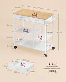 Küchewagen mit Rollen, mobiler Servierwagen mit Stauraum, Kücheninsel, 47 x 60 x 90 cm, 45 x 98,7 x 90 cm, Schublade, 2 Haken, für Esszimmer - Eichenbeige-Mattweiß - Übersicht 6
