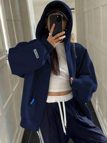 1pc Teen Girls Casual Minimalist Thermal Lined Hoodie Sweatshirt, Warm For Spring, Autumn & Winter - Navy Blue - View 2