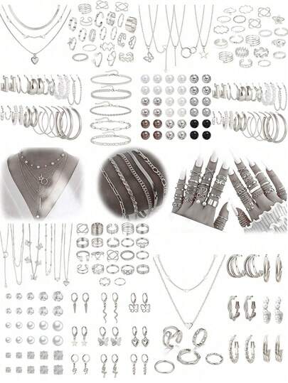 76-37 buc Set de bijuterii elegante vintage cu fluture, inimă, perlă artificială, nod răsucit, stea, lună, stras, lanț lat de șarpe, lanț împletit, cercei geometrici în formă de C, coliere, inele, brățări, potrivit pentru sărbători, petreceri, purtare zilnică, cadou rafinat de sărbători