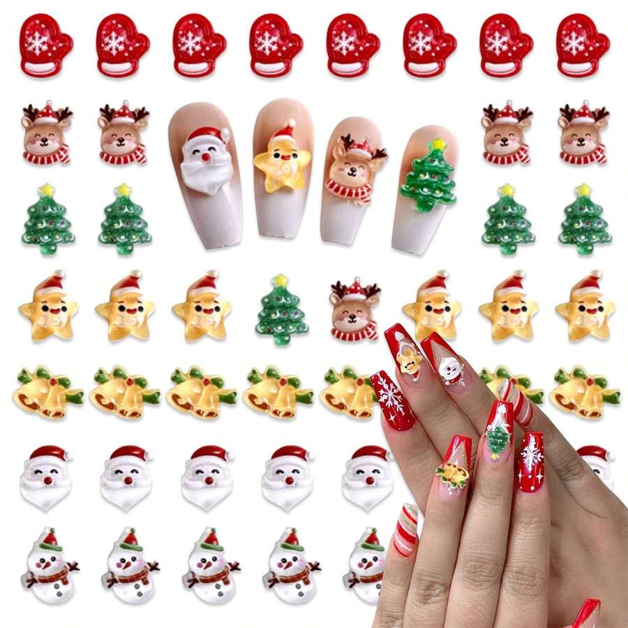30/50pcs Random Christmas Charm For Jewelry Making, Christmas Tree Nail Art Rhinestone Charms, Christmas Decor, Nail Art Supplies