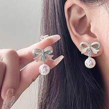 Bow Earrings For Women  Sparkly Rhinestone Chain Tassel Earrings Cute Ribbon Stud Earring Daily Party Jewerly Gifts Christmas Stocking Stuffers - C3:粉紅蝴蝶結珍珠耳環銀色 - 查看 2