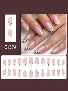 24 pezzi di unghie finte a forma di mandorla di media grandezza, punta francese bianco latte minimalista con pois marroni, unghie indossabili, set di unghie rimovibili a copertura completa, adatte per feste, balli e uso quotidiano.