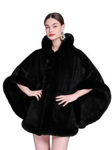 1pc Women's Hooded Multi-Color Faux Rabbit Fur Faux Fur Trim Thick Warm Windproof Fashion Poncho Shawl, Suitable For Daily Wear, Parties, Holidays, Travel