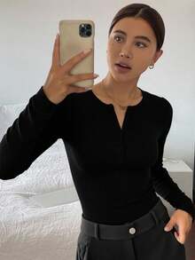 Livesso 长袖半扣亨利衫，秋装 - 黑色 - 查看 2