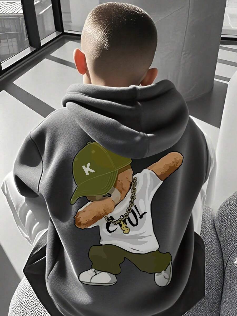 Conjunto de 1 blusa de moletom infantil masculina, casual, estampada, com forro térmico, manga longa, ideal para outono/inverno e para estudantes/jovens. - Cinza escuro - Ver 1