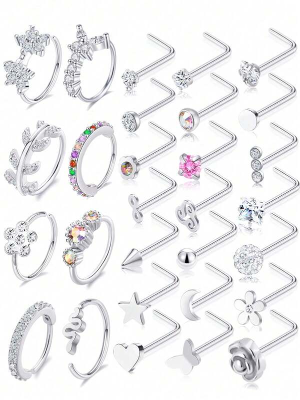 29Pcs Multi-Piece Fashion Versatile Silver-Toned Cubic Zirconia Inlaid Floral, Geometric, Star, Moon & Butterfly Detail Nose Ring Set Unisex For Daily & Festival Celebration