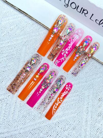 10 szt. Y2K Extra Long French Press On Nails, pełne pokrycie sztucznych paznokci, ręcznie robione, z błyszczącymi kryształkami 3D i motylami, idealne na wesela, imprezy, walentynki, urodziny, prezenty świąteczne, idealnie dopasowane, wielokrotnego użytku zdobienia paznokci, 1 szt. żel żelowy/1 szt. mini paski polerskie, zestaw odpinanych, prasowanych paznokci.