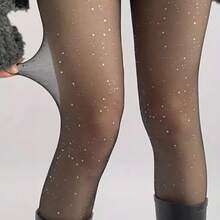Starlight Embellished Sequin Tights - High Waist Black Leggings With Shining Star Pattern, Full Length Design, Suitable For Parties, Dance, And Daily Wear, Specially Designed For Teenagers - 膚色 - 查看 3