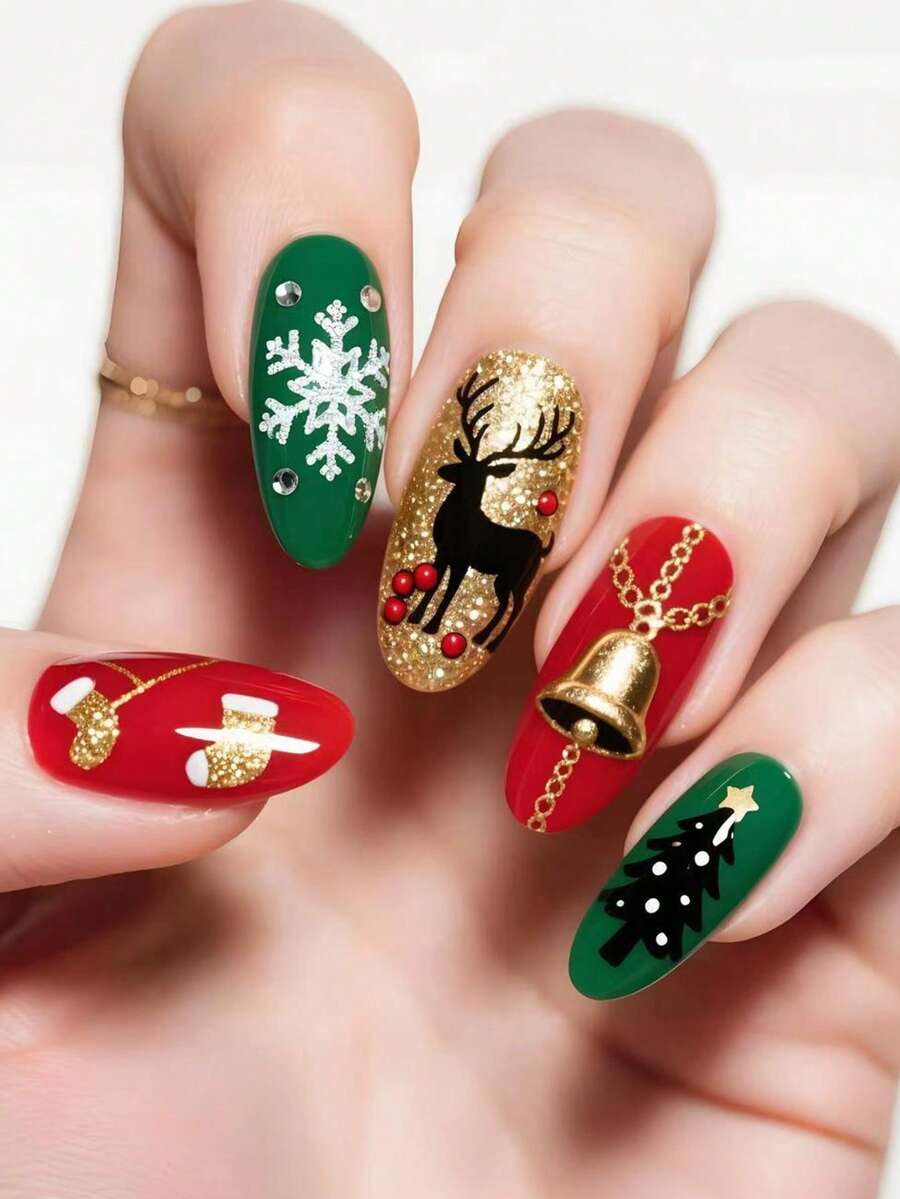 24片长杏仁形按压指甲，法式欧美闪光驯鹿雪花铃铛圣诞指甲，简约甜美，全覆盖易粘贴设计，适合女性节日、日常生活和旅行 - 彩色 - 查看 1