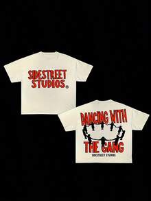 Camiseta gráfica retro Y2K con "Dancing with The Gang" y letras de Street Studio, diseño de silueta dibujada a mano, tela semitransparente y cuello rasgado - Ropa casual lavable a máquina, camiseta de impresión gráfica a la moda, ropa para todas las estaciones, gráficos dibujados a mano, material semitransparente - Blanco - Ver 1