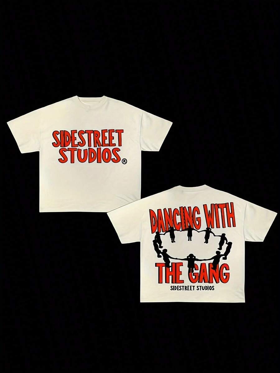Camiseta gráfica retro Y2K con "Dancing with The Gang" y letras de Street Studio, diseño de silueta dibujada a mano, tela semitransparente y cuello rasgado - Ropa casual lavable a máquina, camiseta de impresión gráfica a la moda, ropa para todas las estaciones, gráficos dibujados a mano, material semitransparente - Blanco - Ver 1