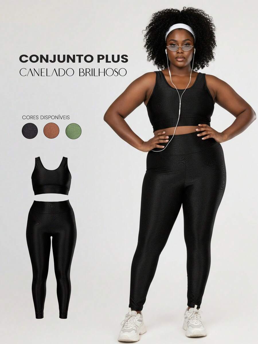Plus Size Women's Ribbed Fitness Set Gym Top And Shiny Sports Leggings - màu đen - Xem 1