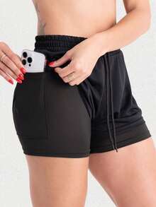2 Women's Double Gym Shorts With Pocket Bermuda Shorts For Training, Walking And Other Sports - Black+Pink - View 3