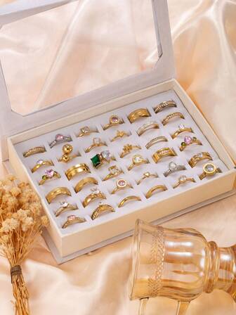 3/6/9/12/15/20pcs Fashionable & Elegant Stainless Steel Ring Set For Women, Includes Cubic Zirconia, Matte, And Rhinestone Elements, Suitable For Daily Wear, Holidays, Dates, Engagements, Weddings, Gift For Loved Ones, Assorted Sizes