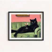 1pc Vintage-Style Black Cat On Sofa Wall Art, Frameless Canvas Print With Green & Pink Cocktail Design, Modern Aesthetic For Living Room Or Bedroom Decor, Indoor Wall Art | Playful Design | Frameless Art, Cat Decor - Multicolor - View 6