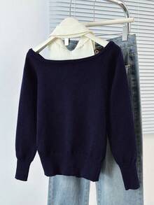 秋季不对称领修身针织上衣 - 藏蓝色 - 查看 8