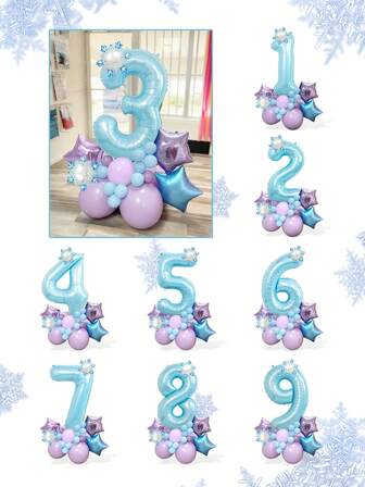 26 件冰雪主题蓝色数字生日气球套装，包括 40 英寸珍珠蓝色 0-9 数字铝箔气球、雪花和紫色/蓝色星星铝箔气球、马卡龙紫色/蓝色乳胶气球，适用于冬季主题派对装饰、公主生日派对、冬季生日派对、圣诞装饰、圣诞派对用品、冰雪奇缘主题、装饰品