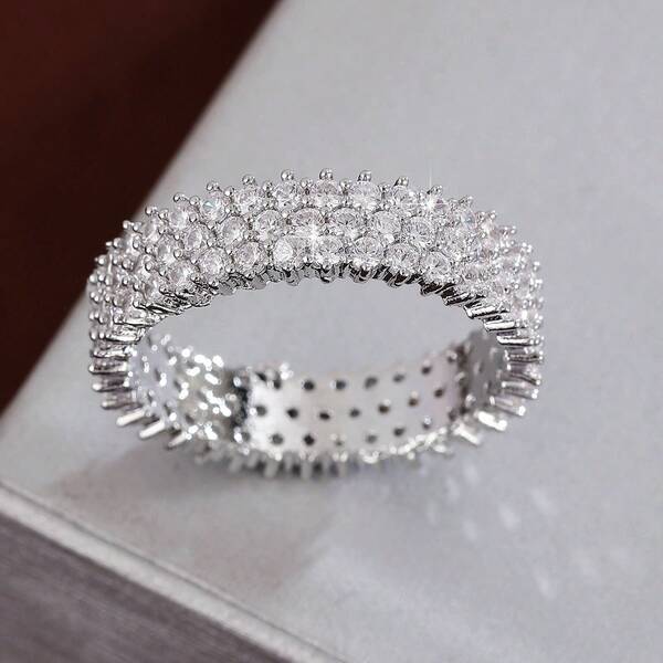 خاتم نسائي موضة بتصميم هندسي ثلاثي الصفوف من الزركونيا المكعبة، هدية عادية