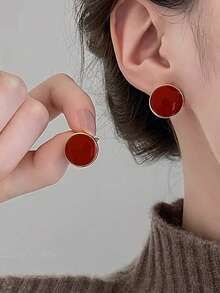 3 Pairs Elegant Burgundy Square & Round Drip Oil Design Earrings Set, Sophisticated & Versatile For Daily Wear, Formal Events, Fashion Accessories