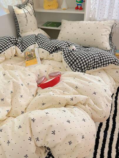 4pcs Reversible Duvet Cover Set, Soft & Comfortable Bedroom Bedding, Cute Bow Pattern On Side A, Plaid Pattern On Side B, Breathable All-Season Bedding Set Including 1 Duvet Cover, 1 Flat Sheet, 2 Pillow Shams, No Filling, Suitable For Bedroom, Dorm, Home Use, Multiple Sizes Available
