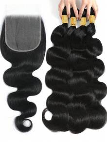 Ciocche di capelli umani con onde del corpo con chiusura, con linea dei capelli pre-sfoltita, 4 ciocche di capelli umani con chiusura in pizzo 5x5, pizzo trasparente frontale con baby hair, capelli naturali