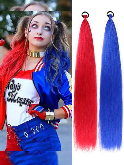 26 Inch Fluffy Straight Braids With Rubber Band Style Colorful Ponytail Synthetic Heat-Resistant Fiber Wig Suitable For Women And Girls For Halloween And Christmas