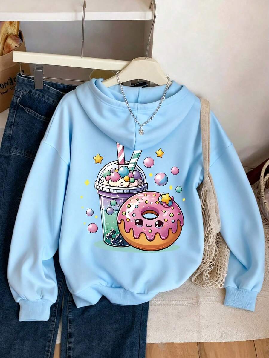 Teena Girl Milk Tea Donut Pattern Printed Warm Hooded Sweatshirt - Comfortable Long-Sleeved Casual Pullover, Machine Washable, Daily Essential, Loose Style, Suitable For Both Boy And Women, Street Style, Suitable For School, Vacation, Shopping, Sports And Other Occasions