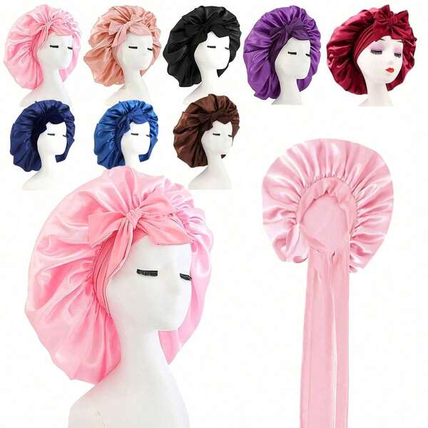 Silky Satin Sleep Bonnet For Women With Adjustable Bow Ties - Luxurious Hair Protection Cap For Curly/Natural Hair, Multi-Color Options, Soft Nighttime Hair Care Essential,Bonnet,Shower Cap,Hair Products And Accessories For Barber Salon Beauty Travel Essentials,Back To School,Travel Holiday Essentials,Hair Accessories For Women