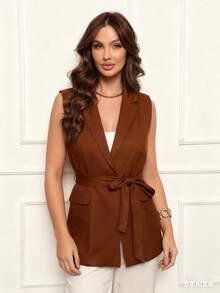 Women's Long Tailored Vest With Fashion Belt - 棕色 - 查看 4