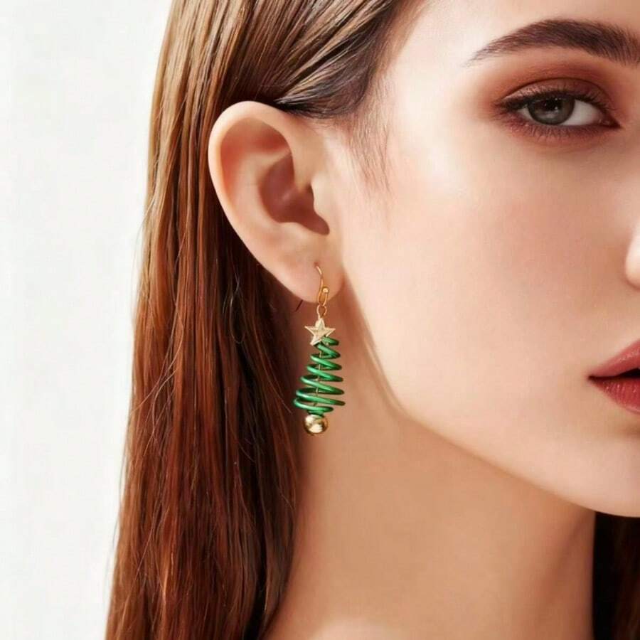 1 par de pendientes con colgante en forma de árbol de Navidad de aleación de hierro minimalista, elemento navideño para mujeres