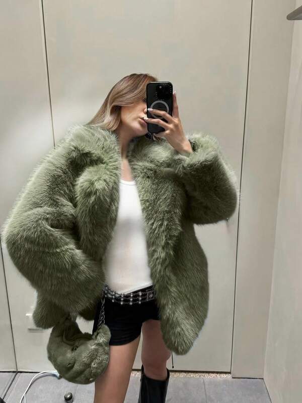 Damen Mode Kunstfell Kragen Jacke, Langarm, oberschenkellang, Knopftaschen, nicht dehnbarer regulärer Saum, bequeme Oberbekleidung