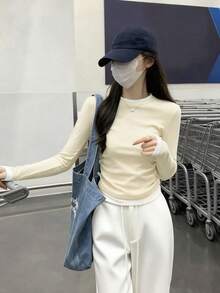 女士春季圆领撞色二合一褶皱长袖T恤上衣休闲款 - 杏色 - 查看 4