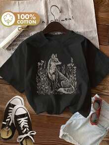 Camiseta gráfica para mujer - Diseño vintage de zorro y flores, cuello redondo casual, manga corta, para primavera/verano, negro con estampado blanco, ideal para ropa casual. - Negro - Ver 2