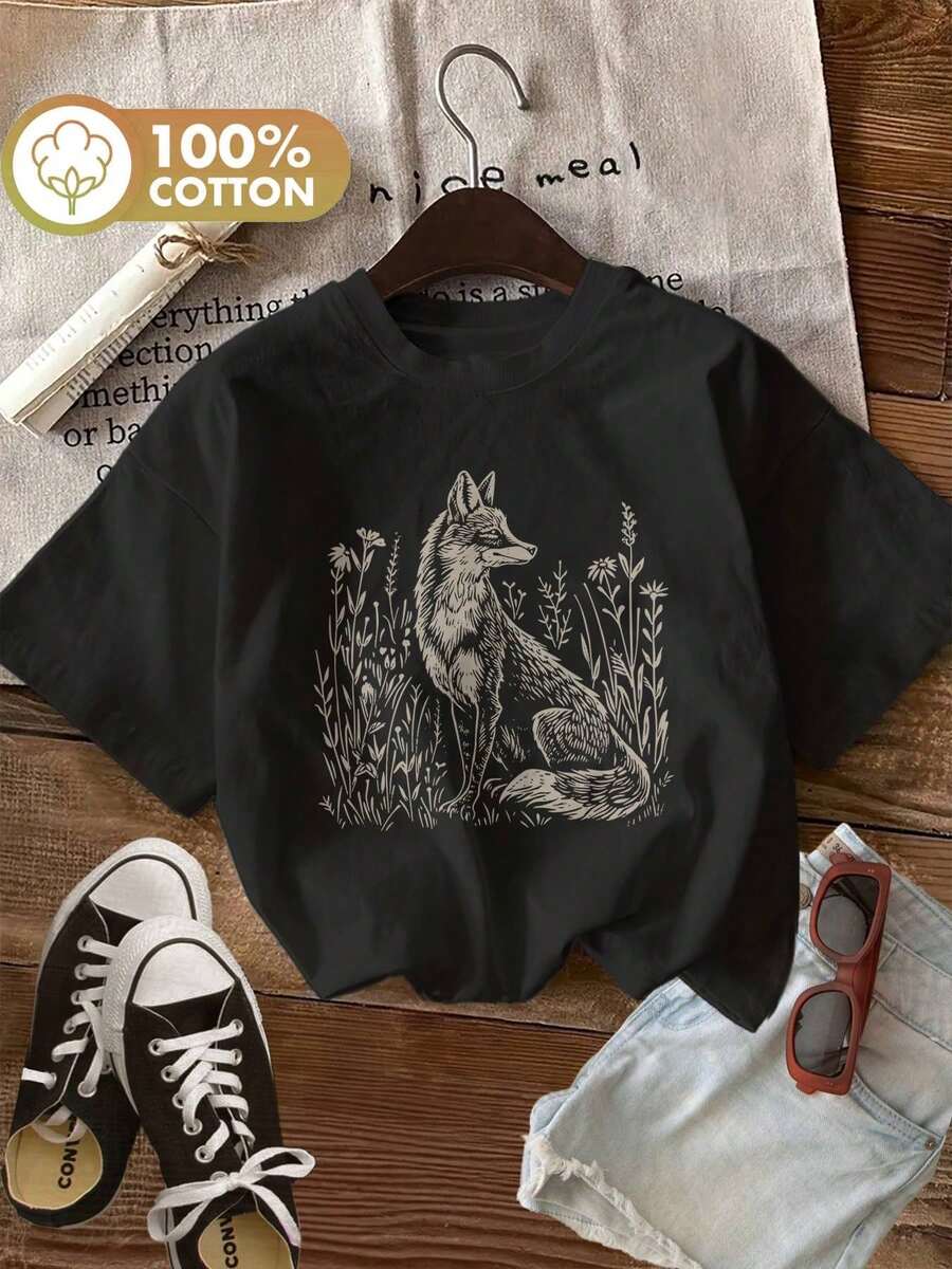 Camiseta gráfica para mujer - Diseño vintage de zorro y flores, cuello redondo casual, manga corta, para primavera/verano, negro con estampado blanco, ideal para ropa casual.