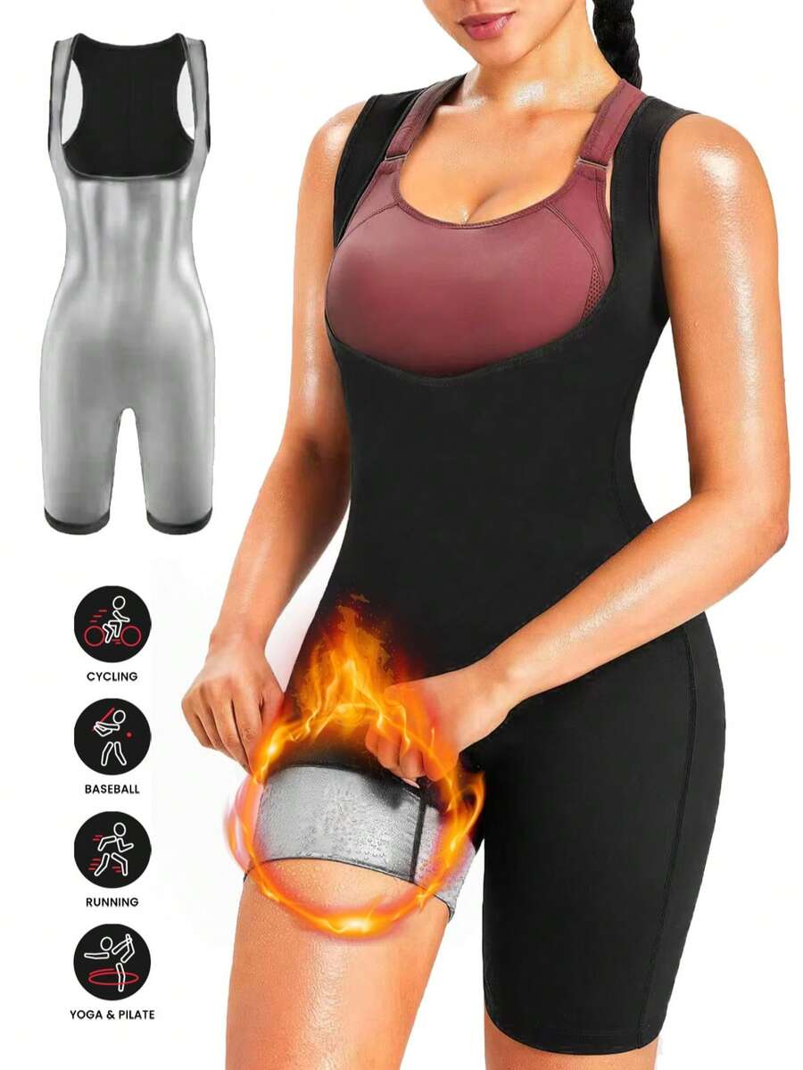 1pc Women's Solid Color Full Body Sauna Suit Vest Sports Jumpsuit High Waist Butt Lifting Sexy Fitness Tight Pants Slim Waist Training Vest Shorts Set, Butt Lifting Sauna Shaping Shorts, Women Weight Loss Slim Fit Sports Shorts Yoga Fitness Tight Pants Abdominal Control, Abdominal Fat Training Vest Sweater Set