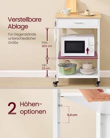 Küchewagen mit Rollen, mobiler Servierwagen mit Stauraum, Kücheninsel, 47 x 60 x 90 cm, 45 x 98,7 x 90 cm, Schublade, 2 Haken, für Esszimmer - Eichenbeige-Mattweiß - Übersicht 3