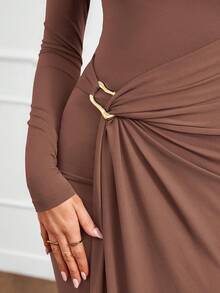 PRETTYGARDEN Women's Spring Fall Wedding Guest Cocktail Midi Dresses Elegant Long Sleeve Bodycon Ruched Dress  Fashion Clothing  New Years Valentine Dresses For Women Vestidos Elegantes De Mujer - 淺棕 - 查看 5
