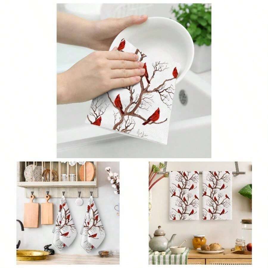 Cukemip Winter Birds Cardinal Decor Kitchen Dish Towels Set of 2, Ultra Soft Absorbent Tea Towels Hand Drying Baking Cooking Cloth Kitchen Decor - Cardenal de pájaros - Ver 1