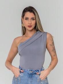 Women's Elegant Asymmetrical One-Shoulder Tank Top Bodysuit - 灰色 - 查看 8