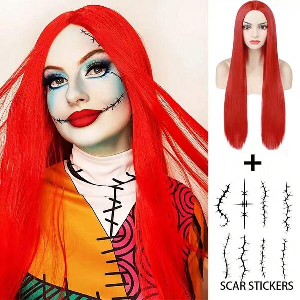 Wigs 30inch Red Straight Wig For Women's Costume Middle Part Heat Resistant Synthetic Hair Wigs For Halloween Cosplay Christmas Use+Scar Stickers
