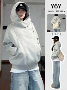 Y6Y 2025 新款韩版灰色女式宽松休闲拉链连帽运动衫外套，秋季