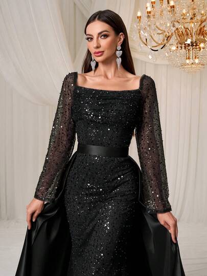 YISIKADO Elegant Satin & Mesh Colorblock Sequin Square Neck Long Sleeve Maxi Dress, Suitable For Birthday Party, Wedding Guest, Graduation Ceremony Spring