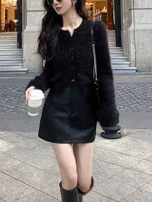 Alicedudu Casual Solid Color Fluffy Knit Cardigan - Black - View 5