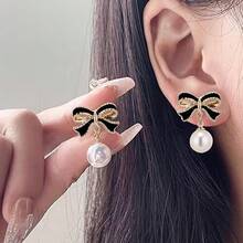 Bow Earrings For Women  Sparkly Rhinestone Chain Tassel Earrings Cute Ribbon Stud Earring Daily Party Jewerly Gifts Christmas Stocking Stuffers - C5:anting mutiara pita hitam - View 3